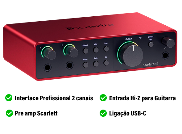Focusrite Scarlett 2i2 4th Gen Interface de Áudio Profissional Focusrite Scarlett 2i2 4th Gen Interface de Áudio Profissional